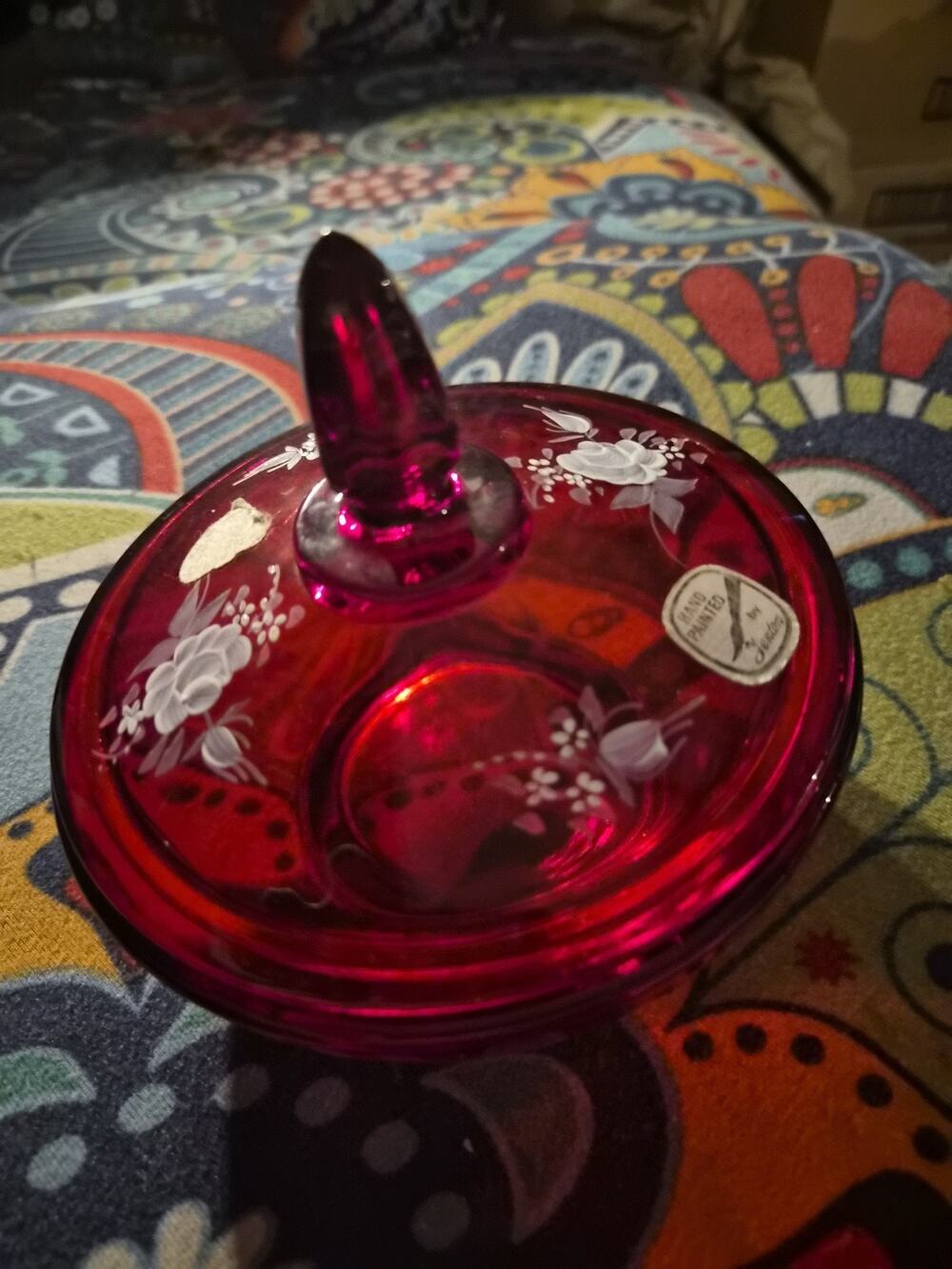 Vintage Fenton Red Ruby Glass Candy Dish With An Handpainted White Roses Design